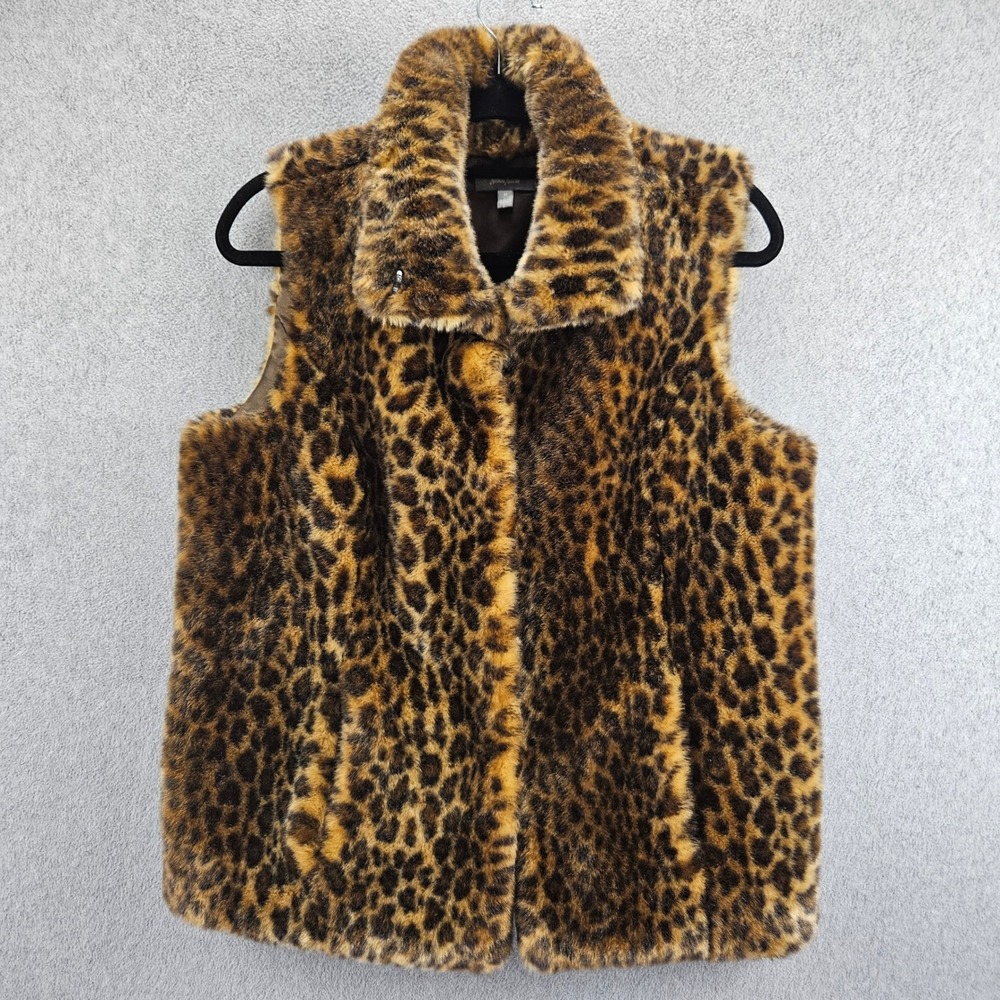 NEIMAN MARCUS Faux Fur Vest Women M Brown Leopard Animal Print Layering Chic